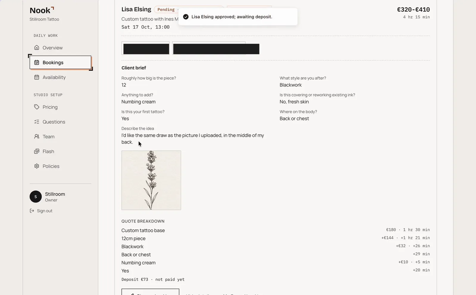 Owner panel: the request approved, now awaiting the deposit