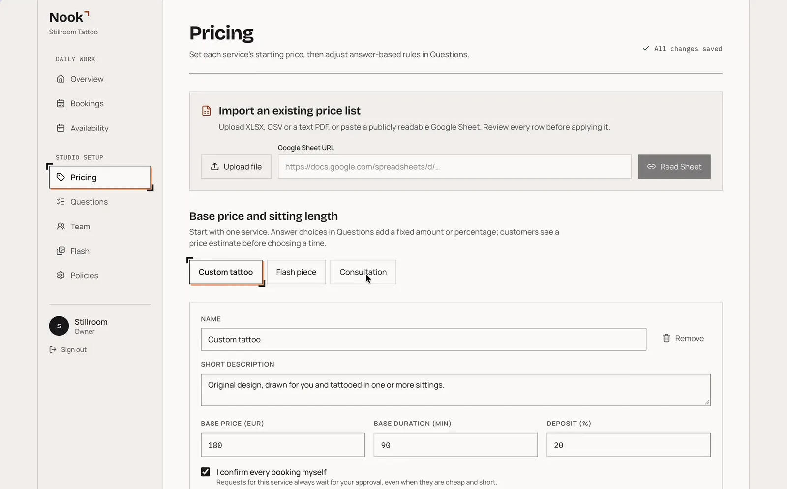 Owner panel: Pricing, with the price list import at the top