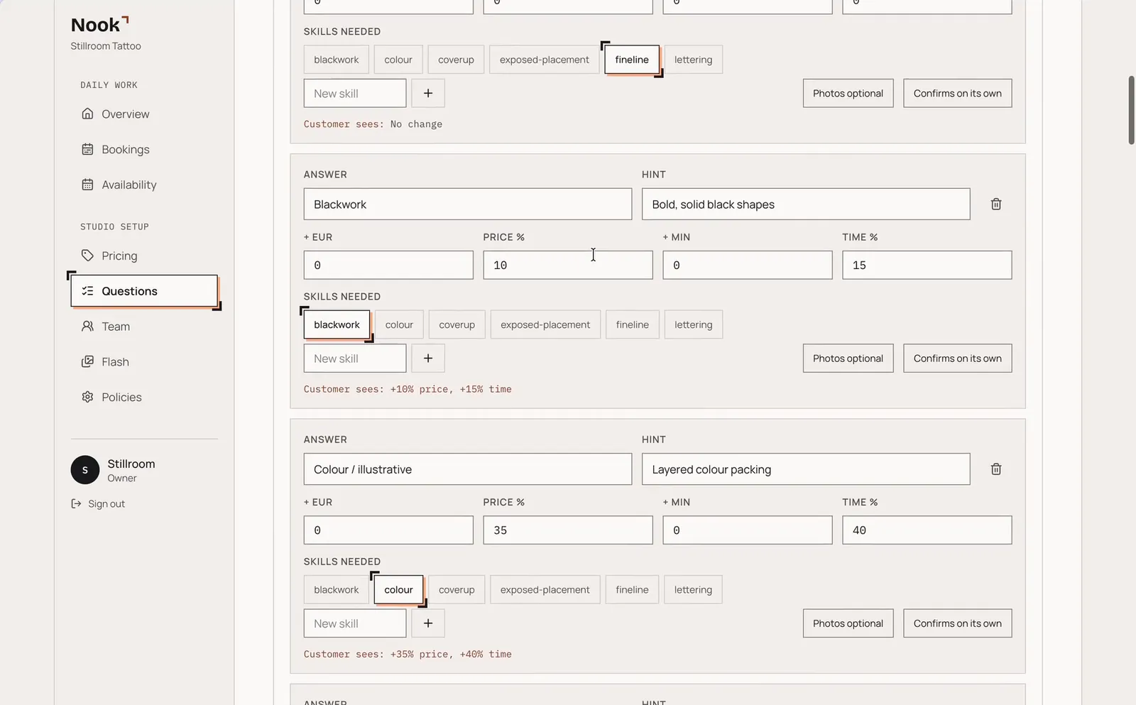 Owner panel: Questions, with what the customer sees under every answer