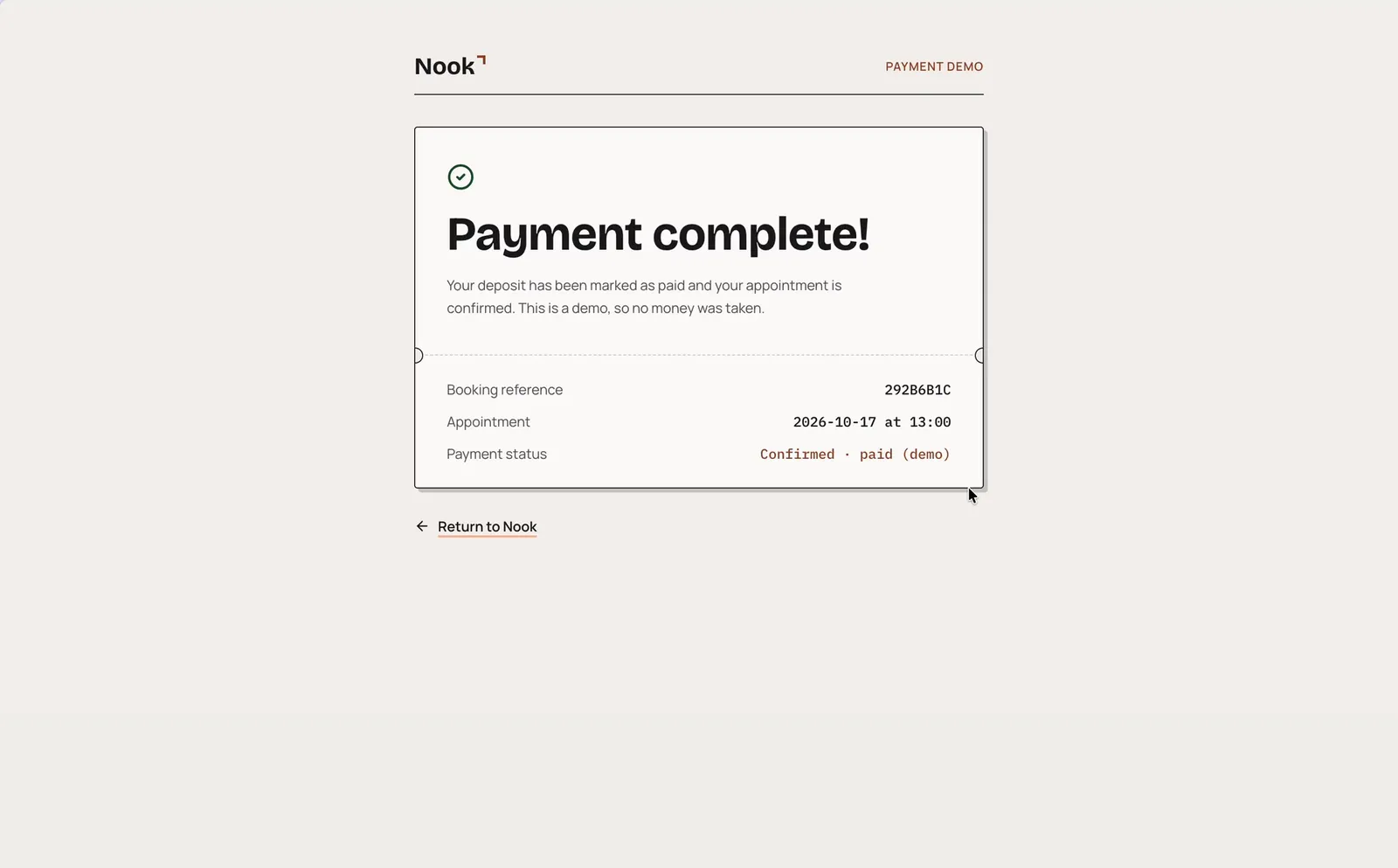 Nook payment demo page: Payment complete