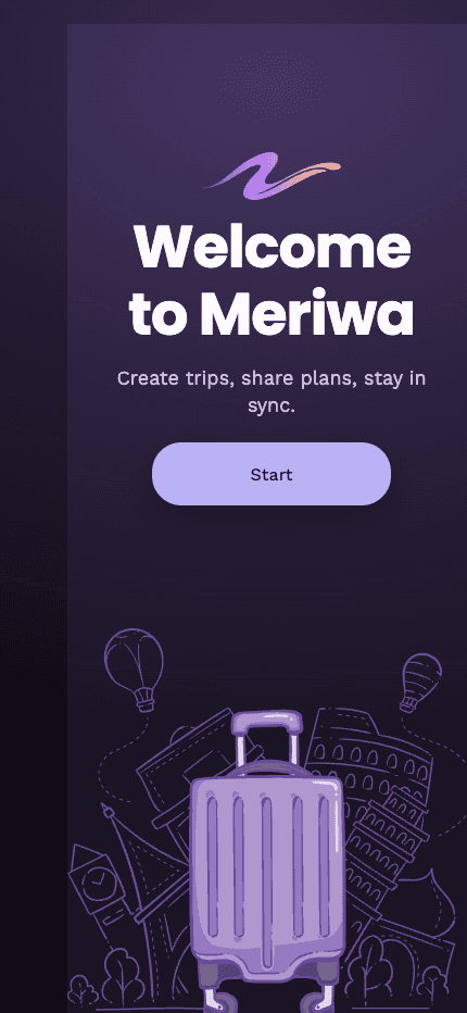 Meriwa welcome screen captured from the app
